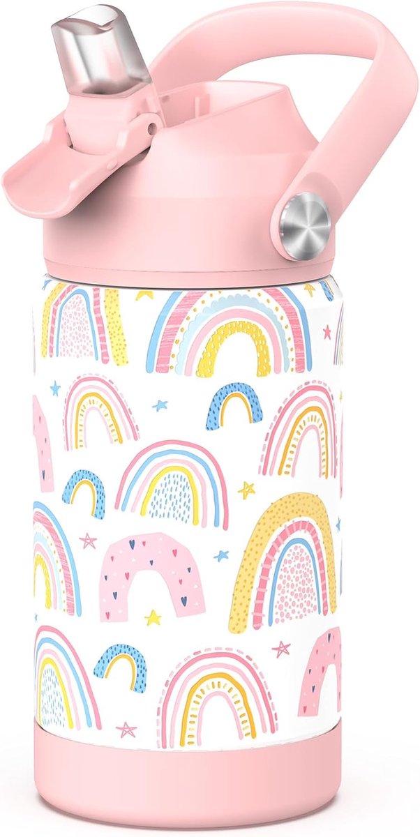 Jongens Geïsoleerde Kinder Waterfles Met Stro, 12 Oz Kids Cups Met Roestvrij Staal Lek Bewijs Voor School Dagopvang（Regenboog）