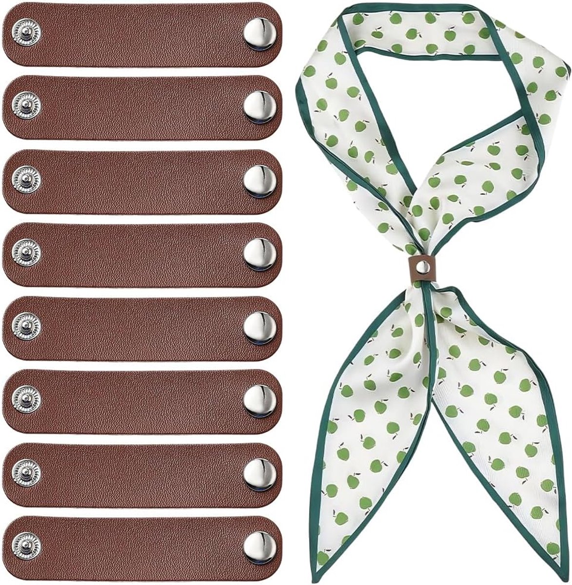 8 stuks Western zijden bandana, schuifsluiting, effen, PU-leer, sjaalhouder, clips, bruin, vintage, zilveren knoop, leer, sjaalgesp, ring voor stropdassen, bagagelabels, etiketten
