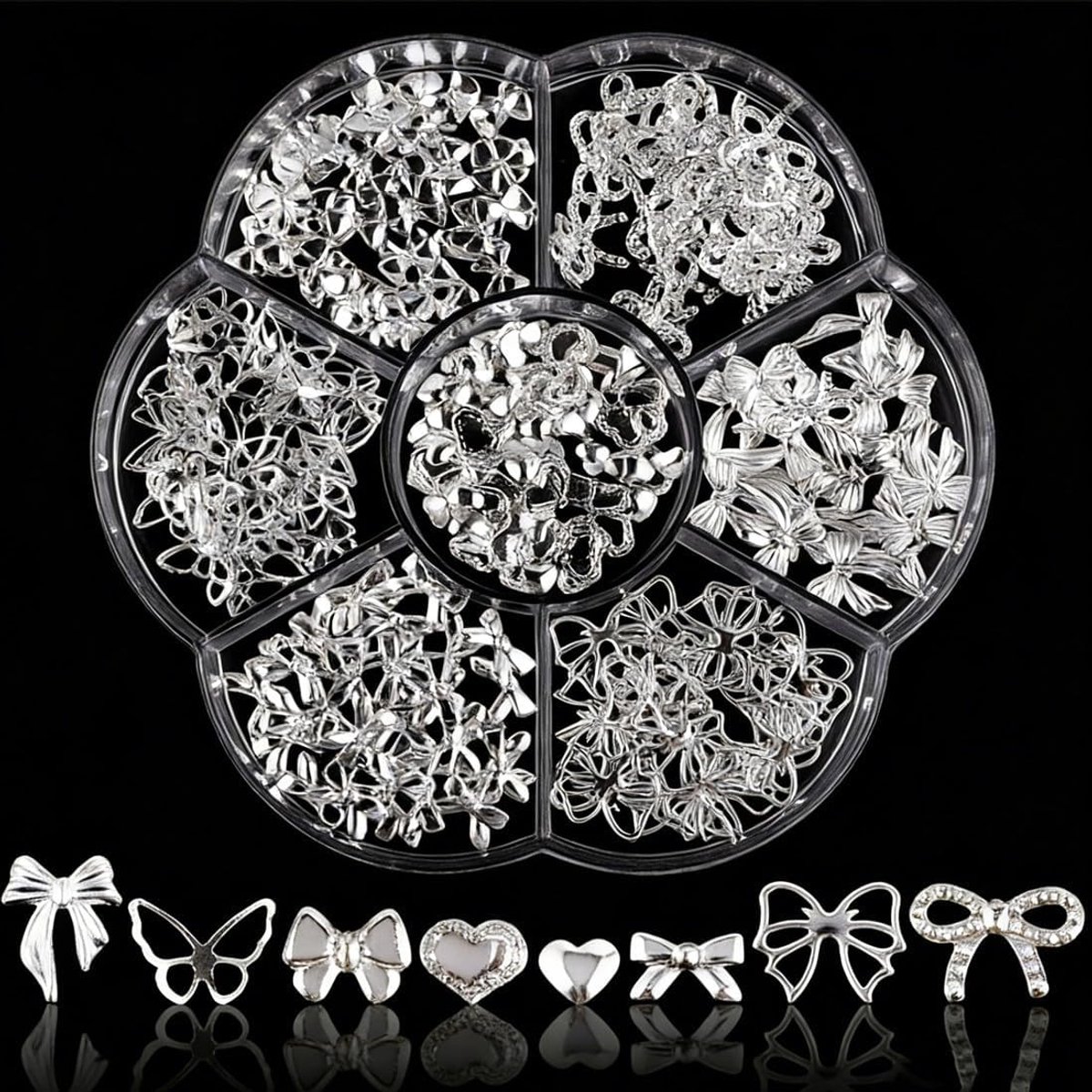 210 stuks nagelbedels, zilver, nagelbedels, nagelgemes, voor doe-het-zelf nagelkunst zijn er nageldecoraties zoals strikken, vlinders, harten en strassteentjes, nageldecoratie-accessoires