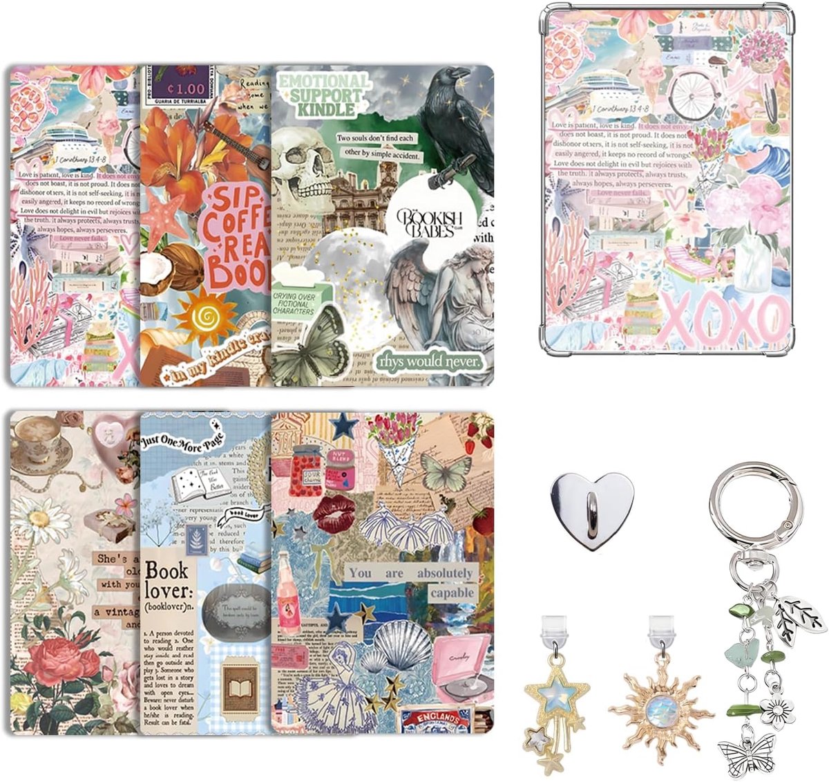 Set met decoratieve accessoires voor Kindle Paperwhite 11e/12e generatie, 6 decoratieve papieren kaarten, 2 USB-C stofdoppen met bedels, roze sleutelhanger hanger voor Kindle e-reader, leesgeschenk