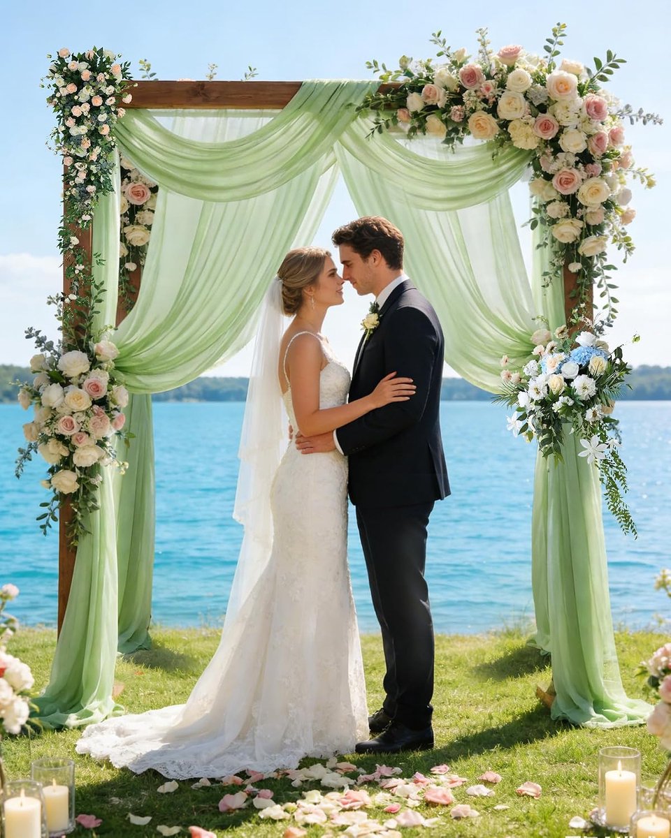 Trouwgordijnstof, groen, 75 x 600 cm | Trouwboog, volant, achtergrond, hangend effect, voor trouwfotografie, ceremonie onder de boog