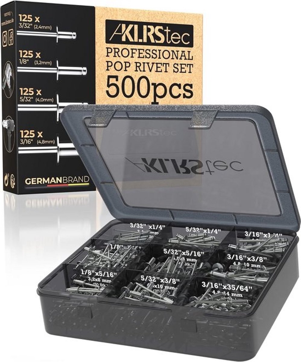 Professionele Popklinknagels Assortimentset - 500 Stuks Aluminium voor Klinknagelpistolen (Maten: 2,4 mm, 3,2 mm, 4,0 mm, 4,8 mm)