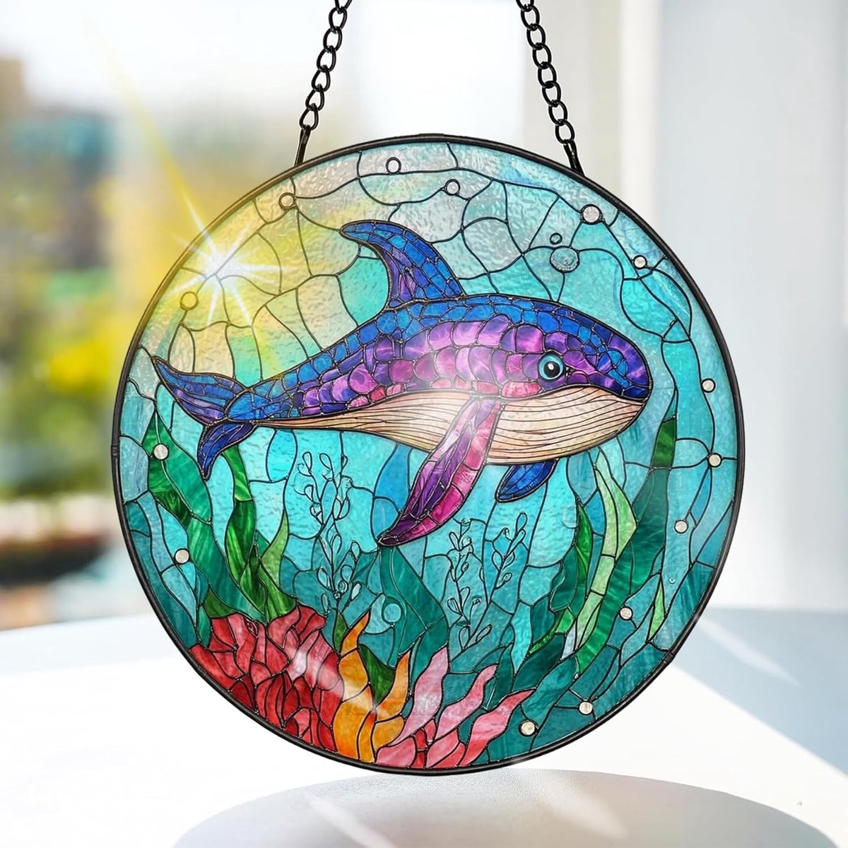 Haai Gekleurd Glas Hangend - Oceaan Hangende Raamdecoratie - voor Tuin, Raam en Deur, Kerst, Handgemaakte Suncatcher Decoratie 20x20 cm