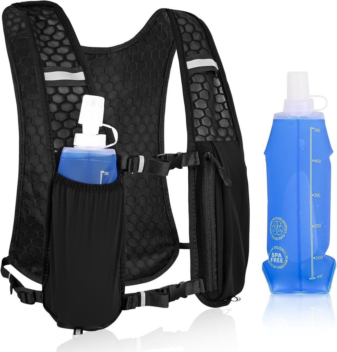 Loopvest voor dames en heren, drinkvest, hardlopen, met drinkfles, soft 500 ml en telefoonzak, licht en ademend, looprugzak, reflecterend, voor trailrunning, wandelen, marathon, hardlopen, joggen