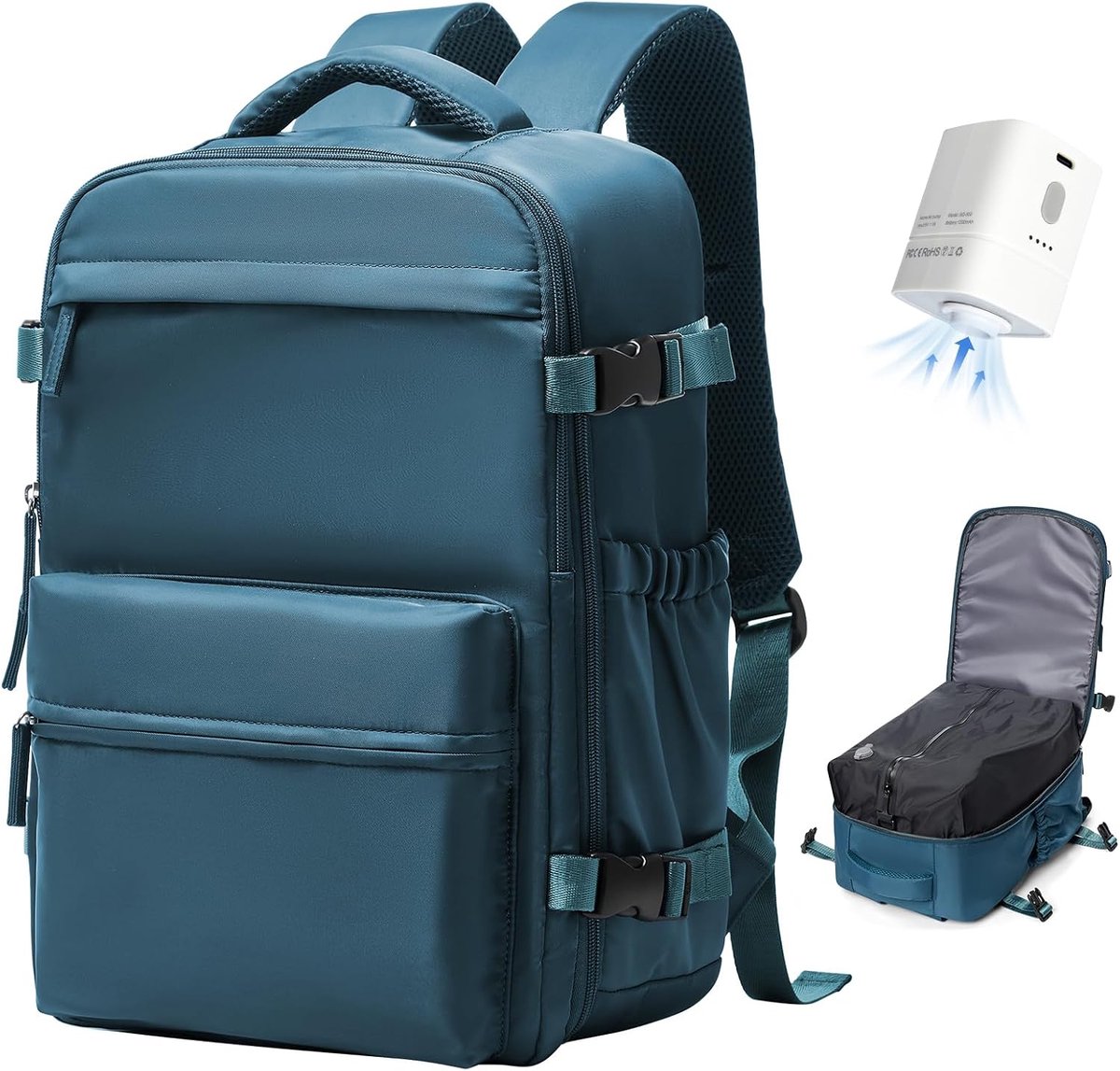 Rugzak Ryanair 40x20x25 met Pomp,Handbagage Cabin Grootte Goedgekeurd Travel Ruscksack Met Vacuüm Systeem,Waterdichte Heren Dames Carry-on Bagage voor 14 inch Laptop,Pauw blauw
