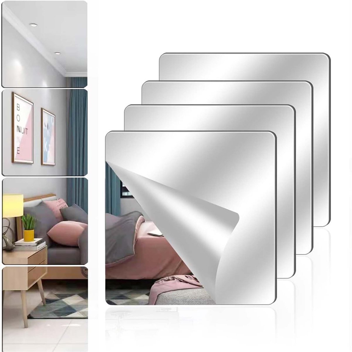 Wandspiegel - 4 stuks Zelfklevende spiegel - Plakspiegel - 20x20 cm - Zelfklevende acryl spiegel - Onbreekbaar - DIY decoratieve spiegels - Muurspiegelstickers - Wandspiegel - passpiegel - Voor thuis, badkamer of woonkamer
