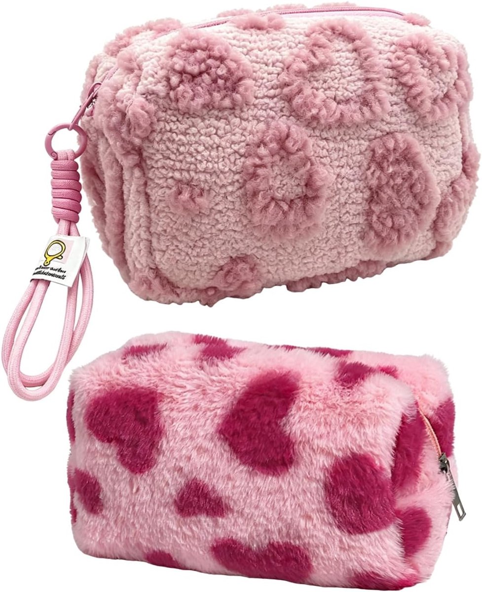 2 Stuks Love Plush Toilettas, Draagbaar Met Grote Capaciteit En Draaggreep, Geschikt Voor Reizen En Zakenreizen Om Cosmetica En Huidverzorgingsproducten Op Te Slaan.