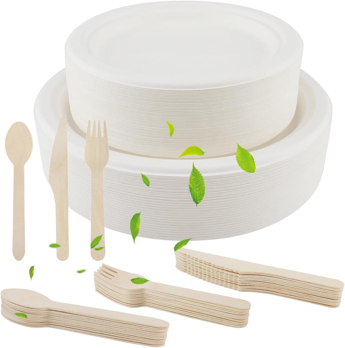 250-delig wegwerpservies, wit, wegwerpborden van suikerriet, composteerbaar servies met borden, vorken, messen, lepels voor feest, camping en picknick