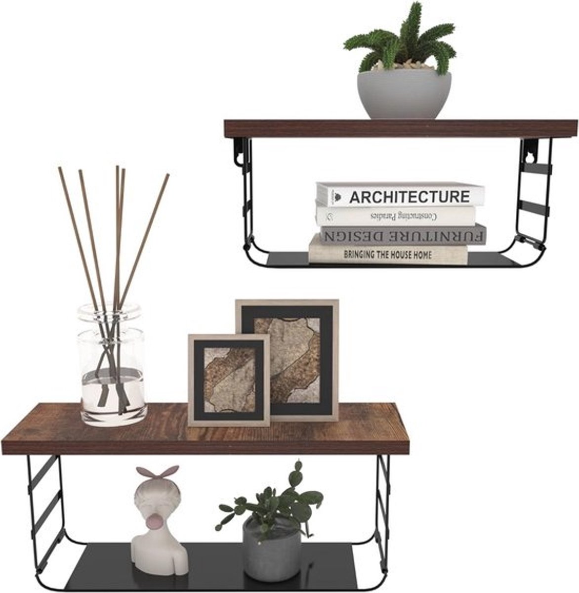 Wandrek Set van 2 - Zwevende Planken met Zwart Metaal voor Badkamer, Slaapkamer, Woonkamer, Keuken