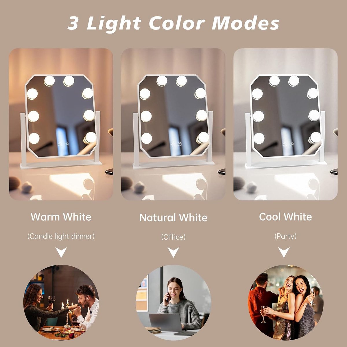 Hollywood spiegel met 8 ledlampen, 360° draaibaar, 3 instelbare kleurtemperaturen (3000 K/4000 K/6000 K), make-uptafelspiegel, touch-bediening, dimbaar, type C plug-in cosmetische spiegel, 30 x