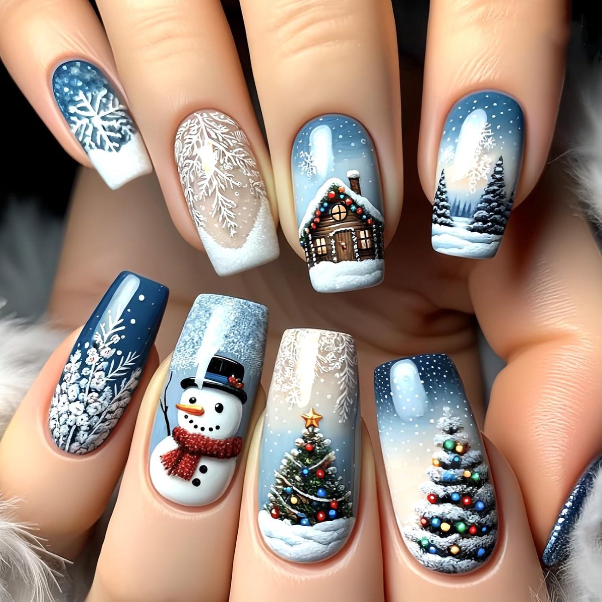 24 Stuks Kerst Druk op Nagels, Middelgrote Vierkante Sneeuwvlokken Valse Nagels, Franse Nep Nagel met Sneeuwman Sneeuwhuis Kerstboom Ontwerp, Natuurlijk Herbruikbaar Acryl Volledige Cover Lijm