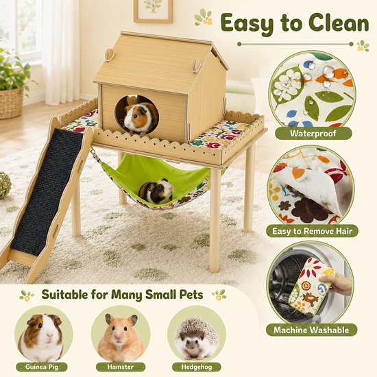 3-in-1 cavia-huis van hout, hamsterhuis met platform en trap, schuilplaats met hellingen, cavia-accessoires, konijnenhuis voor kleine dieren, schuilplaats voor knaagdieren — afbeelding 5