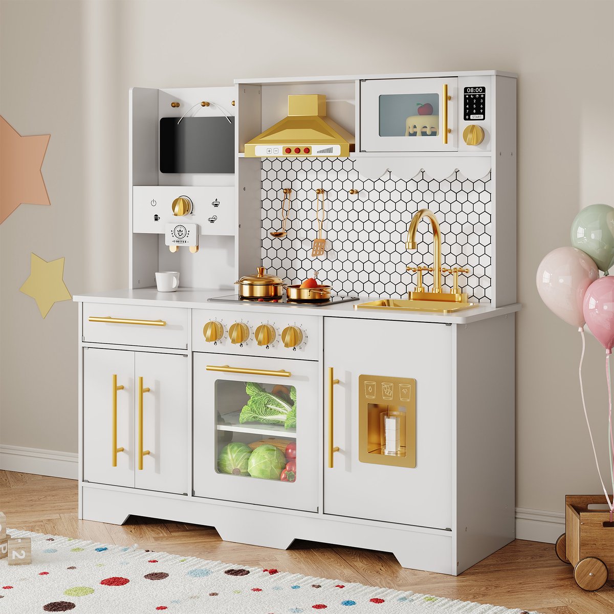 Houten Speelkeuken met Licht en Geluid - Wit - Inclusief IJsmachine Koffiezetapparaat Oven Magnetron Spoelbak en Accessoires - Rollenspel Keuken - Voor Jongens en Meisjes - Vanaf 3 Jaar