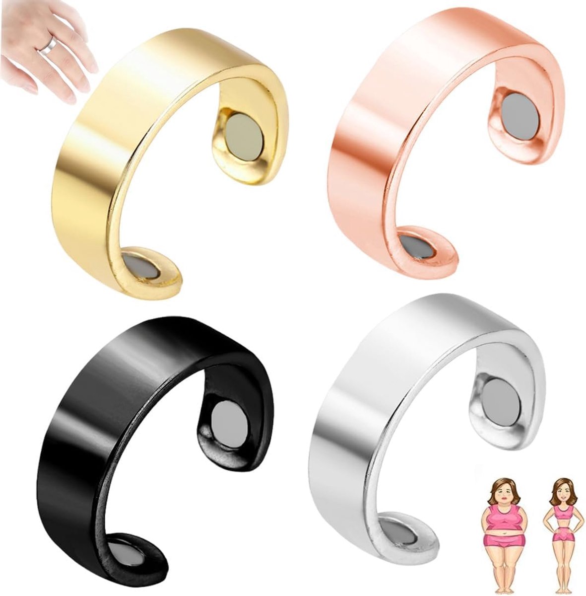 4 Stuks: Vital Ring Magneet Menopauze, Hypoallergene Roestvrij Staal, Ondersteunt de slaapkwaliteit, Vermindert stress en pijn, Instelbare Grootte Open Design
