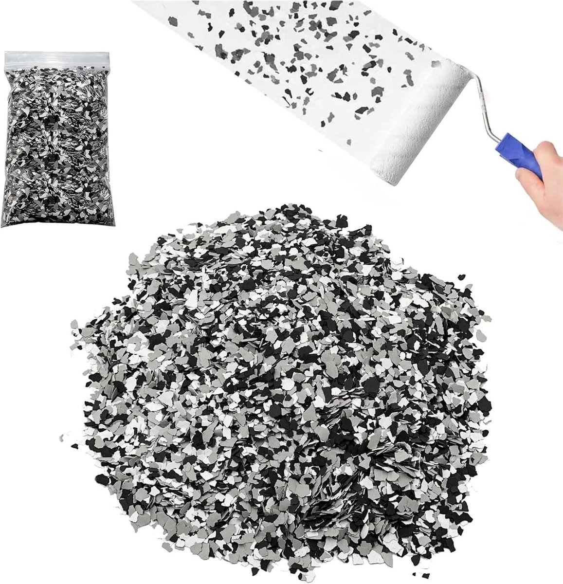 Scherven 1000 g voor garage- en betonnen vloeren, decoratieve chips in zwart, wit en grijs, duurzaam, modern, geschikt voor binnen en buiten, muur- en vloerverf project