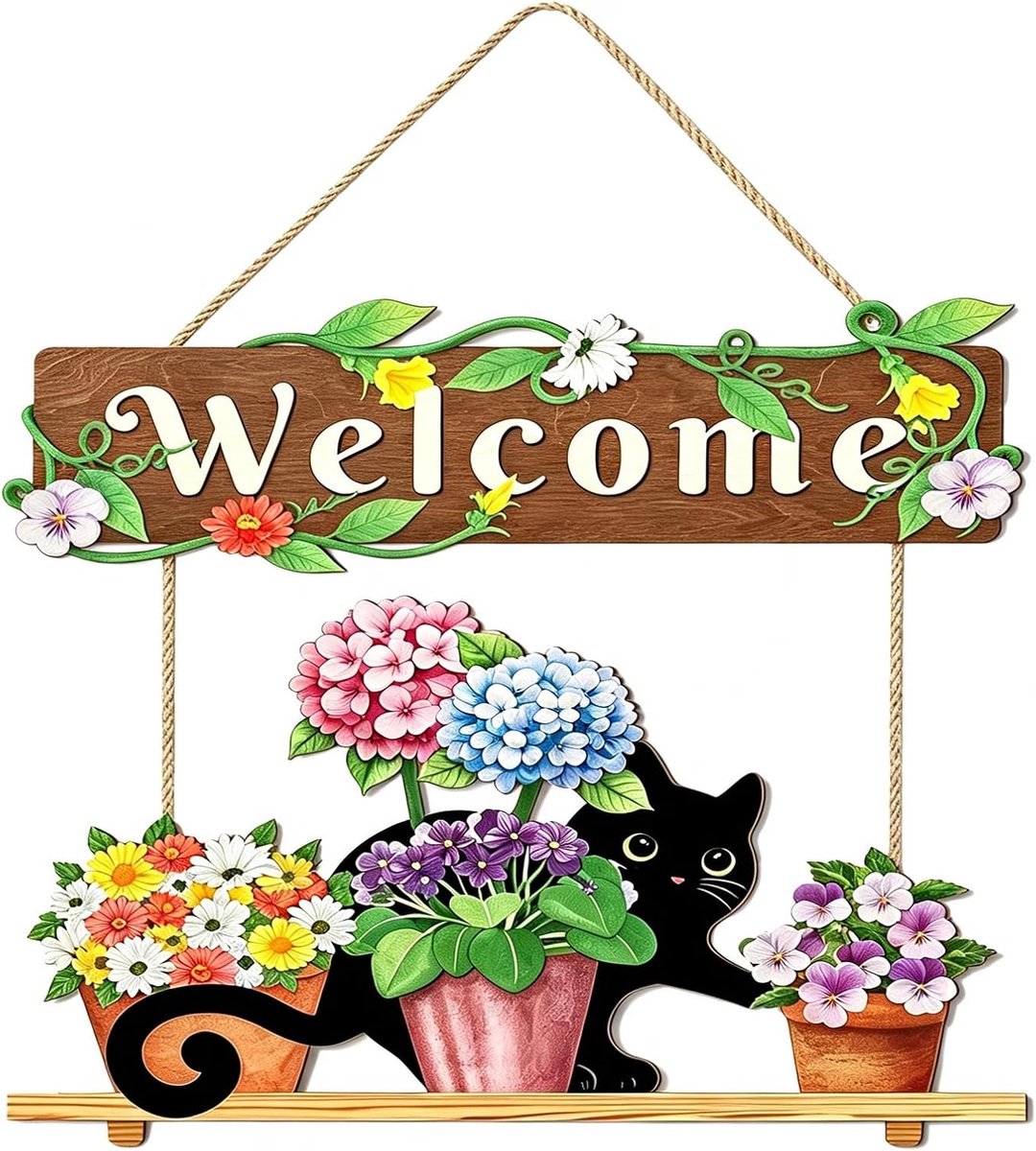Welcome Herzlich, rustieke zwarte katten deurkrans het hele jaar door, welkom voordeur decoratie, kleurrijke bloemendeurdecoratie, hangend houten bord decoratie voor huisdeur, boerderij
