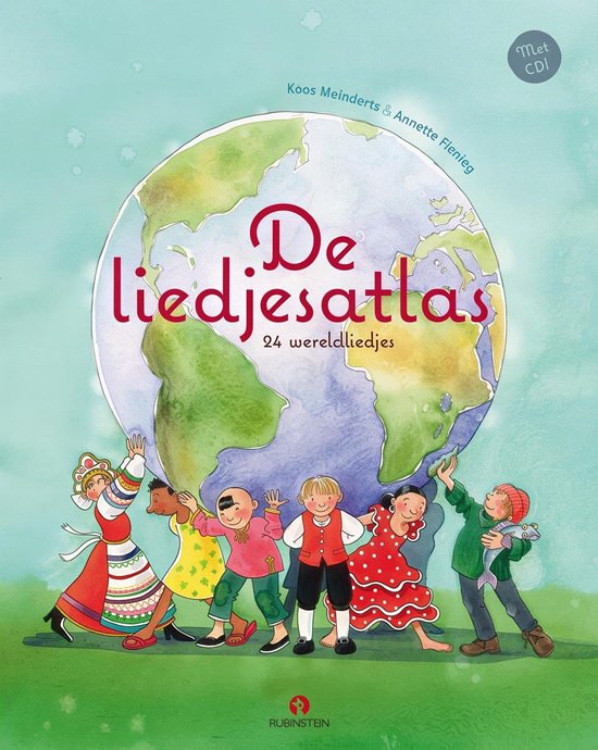De Liedjesatlas: 24 wereldliedjes met CD. Kinderen van diverse afkomsten staan voor een wereldbol.
