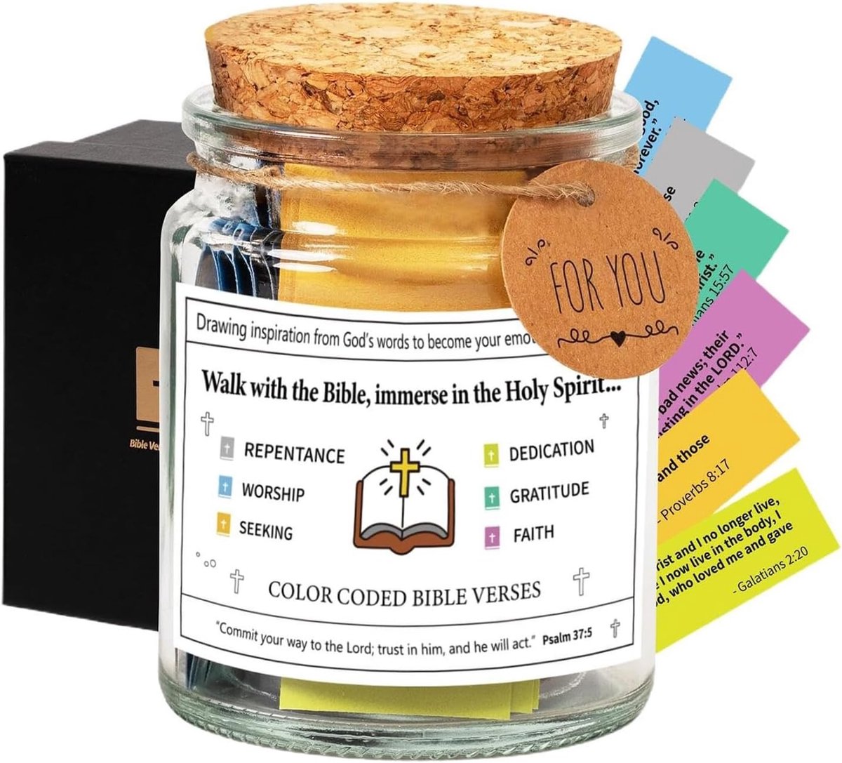 Bijbelvers potje - Veelkleurig - 12 x 9,5 x 8 cm - Glazen Bewaarpot met Inspirerende Bijbelverzen - Voor Christelijke Aanmoediging