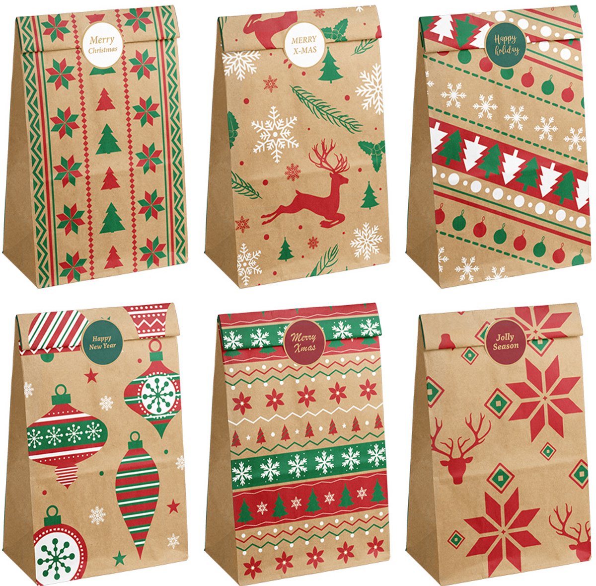 Kerstcadeaupapier zak - 12 stuks - 12*8*22cm - Kerstdecoratie - papieren zak voor vakantiecadeautjes - Kerstdecoratie - geschikt voor het bewaren van snoepjes, binnenshuis decoreren - geschikt om cadeau te geven - bruin