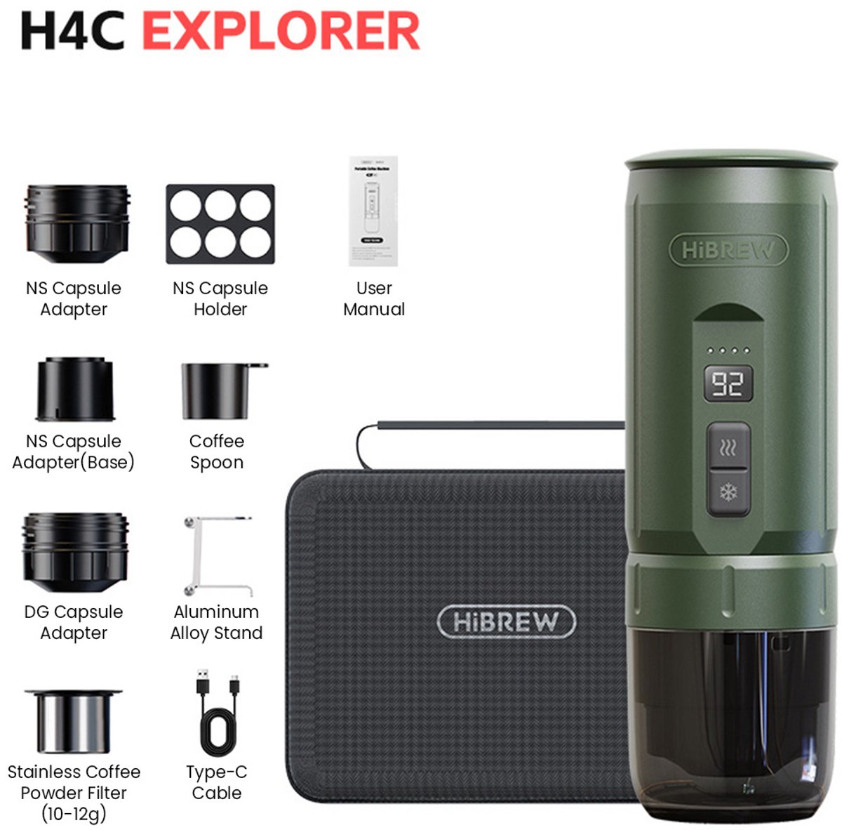 HIBREW H4C draagbaar espressoapparaat, handbediende koffiezetapparaat voor kamperen, reizen en thuisgebruik