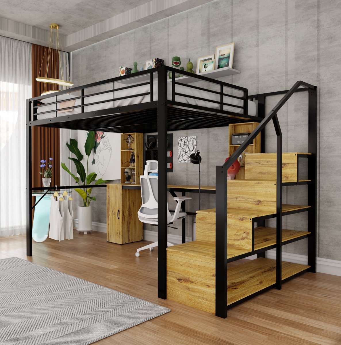 MODENUIT Hoogslaper – 140 x 200 cm – Met Bureau en Opbergruimte – Metaal en MDF – Zwart – USB-Oplaadpoort