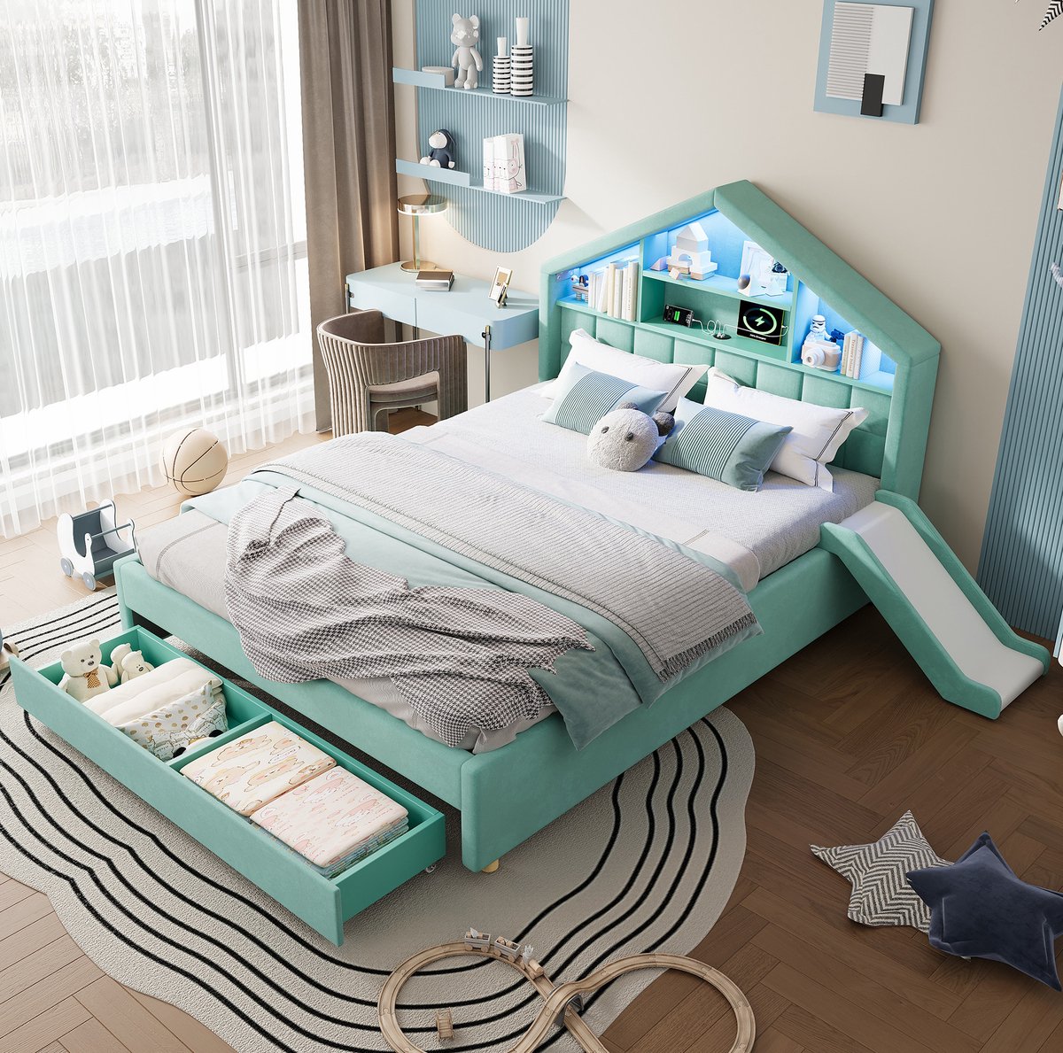 MODENUIT Kinderbed - 140 x 200 cm - Blauwgroen - Stoffen bekleding - Huisbed - Glijbaan - Ledverlichting - Opbergruimte