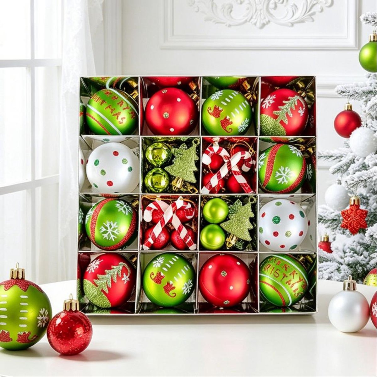Set van 30 kerstballen - 6 cm diameter - Decoratieve plastic kerstballen - Diverse kleuren en afwerkingen - Kerstboomversiering - Rood/Groen