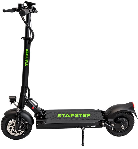 Zwarte StapStep elektrische step met 10 inch luchtbanden, verende voorvork en 'STAPSTEP' logo op het deck en stuur.