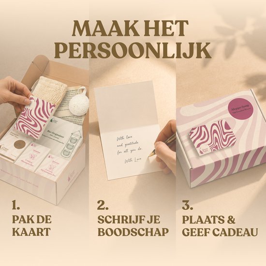 Stappen om een cadeau te personaliseren: kaart inpakken, boodschap schrijven, cadeau geven.