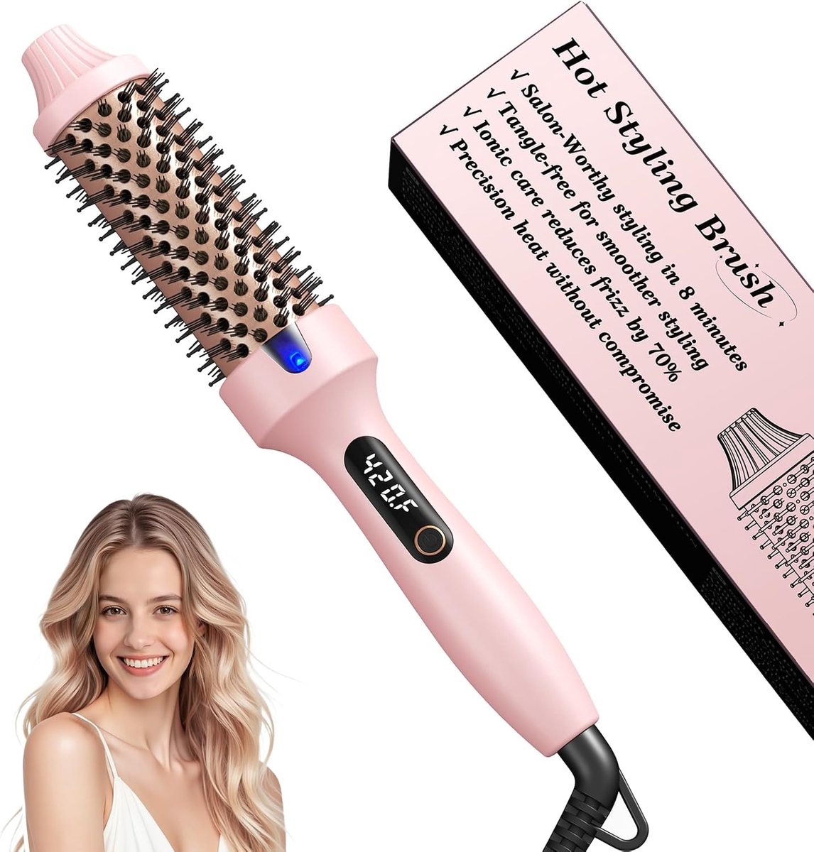 Casalora – Thermal Brush – Ionic Hot Brush – Anti-Frizz – Keratine Keramische Barrel – 6 Temperaturen met LED – 38mm-Dubbel PTC – 30s Opwarmtijd – 8 Min Styling – Dual Voltage 110V-240V – Reisklaar – Roze