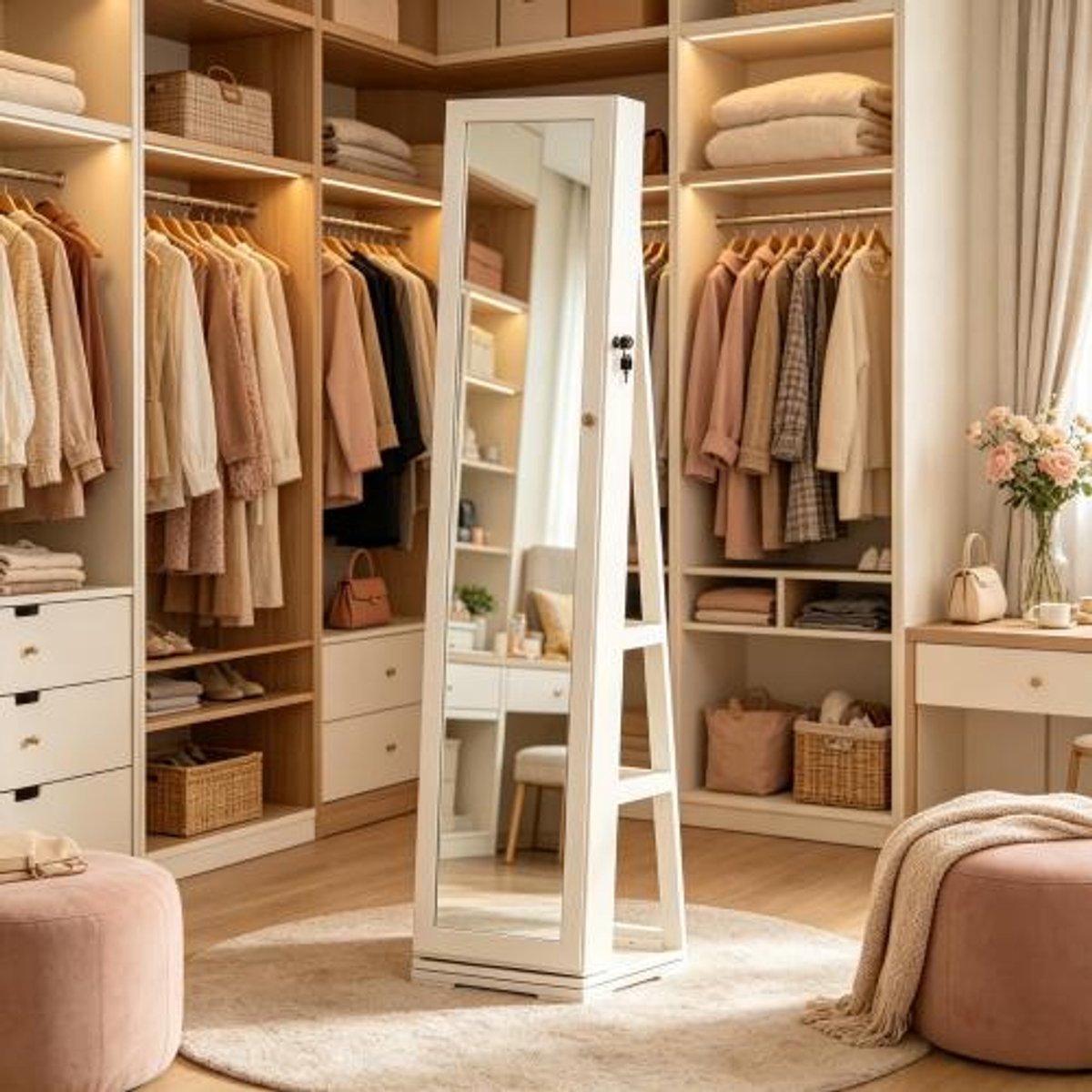 Sieradenkast met spiegel - Staande spiegel wit - 360 graden draaibaar - Met slot en sleutels - 160 cm hoog - Slaapkamer - 38x38x160 cm - Wit