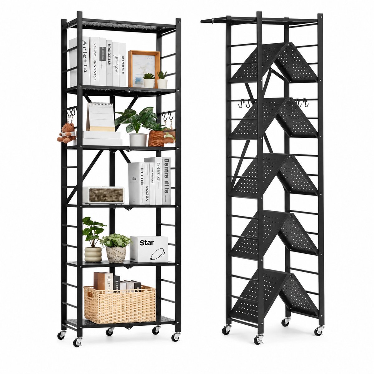 Sellino Opslagrek - Met wieltjes - Opvouwbaar - 6 Laags - Metalen Opbergrek - 4- J- Haken - Zwart - 61 × 30,5 × 183 cm