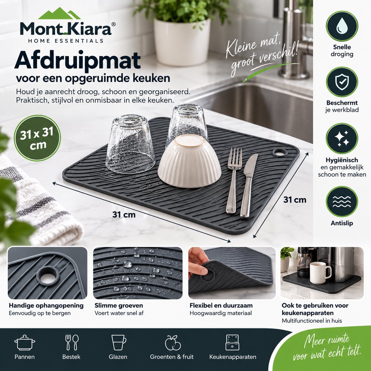 Mont Kiara Premium Gootsteenmat 31x31 cm – Antislip Spoelbakmat – Grijs