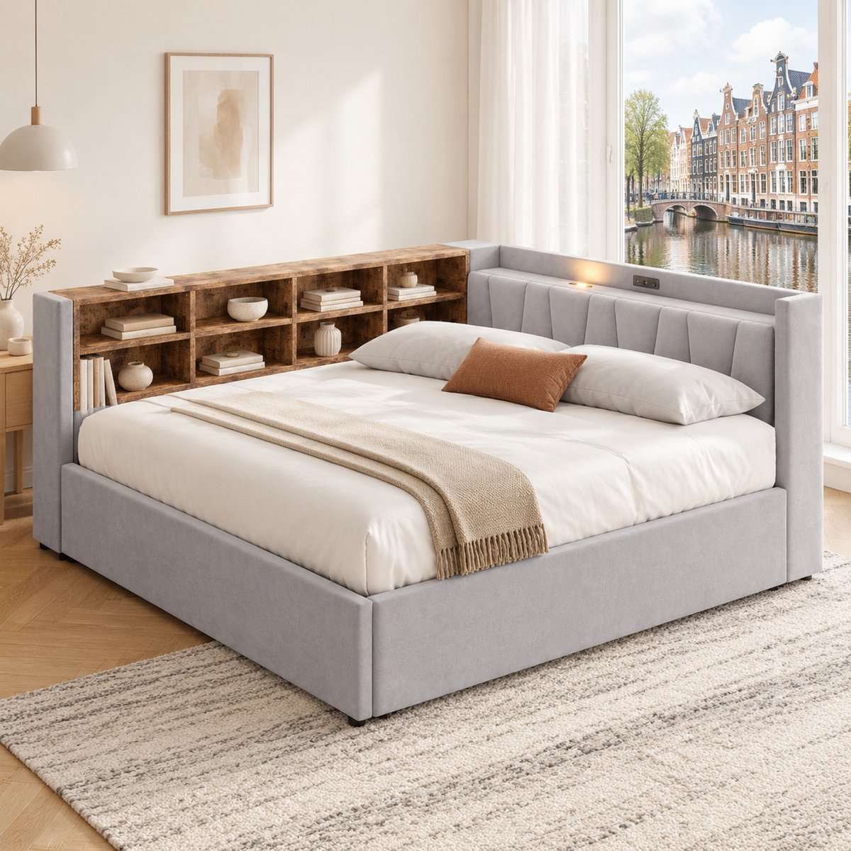 WUVRIE Gestoffeerd bed 140x200 cm met hydraulische opbergruimte, nachtlicht, USB en Type-C, lichtgrijs