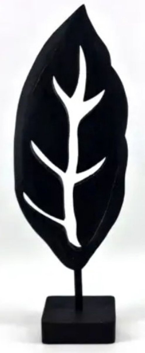 Houten blad met nerf op voet - 52x18 cm - black wash - hout - ornament - beeld - silhouette - woodart