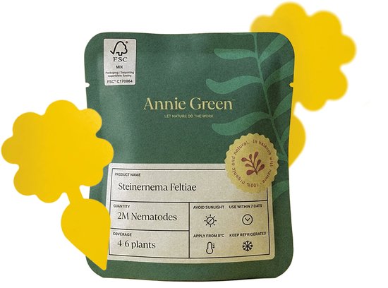 Groene verpakking van Annie Green met "Steinernema Feltiae 2M Nematodes" en instructies.