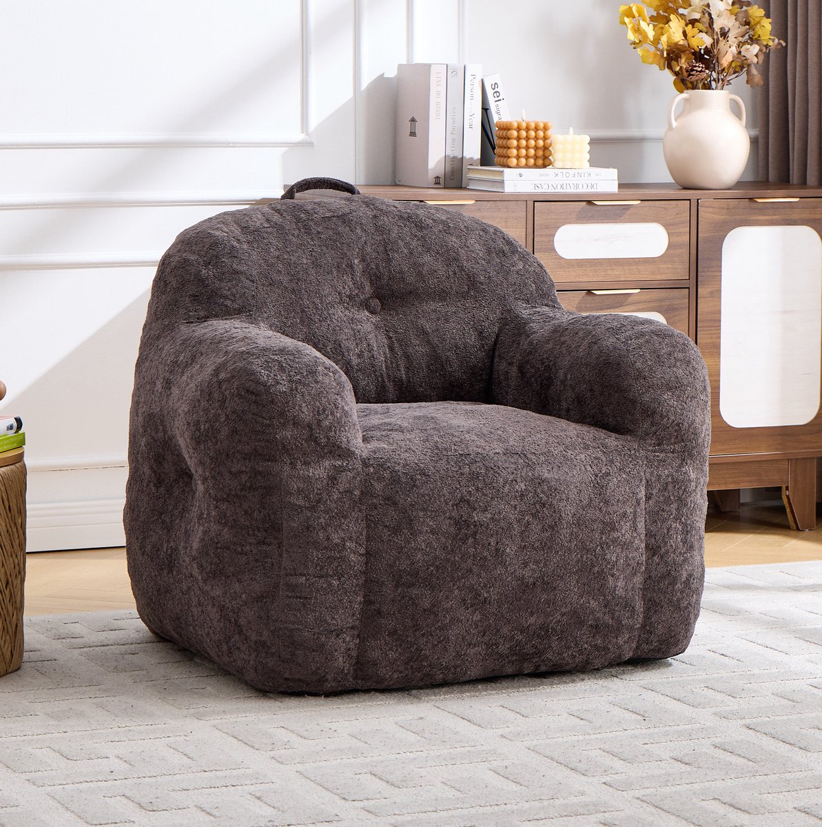 STILVORA Zitzakstoel 49 x 45 x 33 cm - Met Rugleuning En Armleuningen - Voor Woonkamer, Slaapkamer En Leeshoek - Imitatiebont Donkergrijs