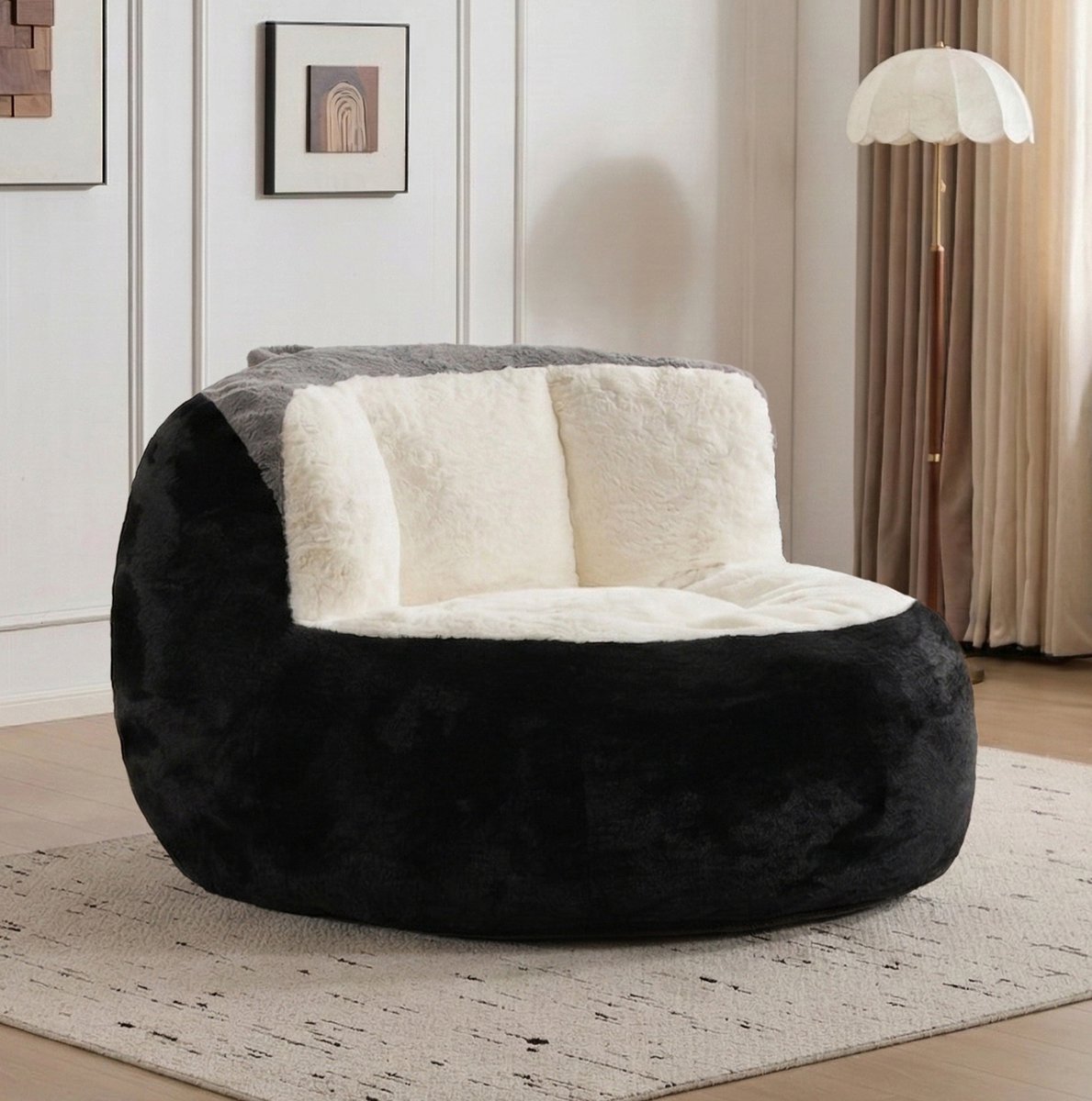 DESMIU Zitzak 106 x 110 x 77 cm - Met Rugleuning En Schuimvulling - Zonder Montage - Voor Woonkamer En Kinderkamer - Imitatiebont Zwart Wit Grijs