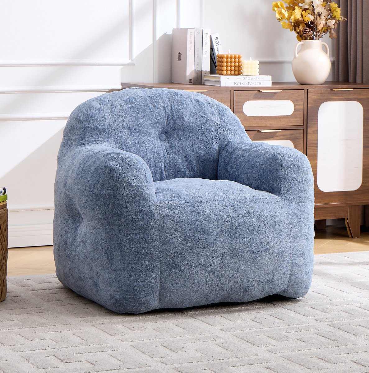 STILVORA Zitzak 49 x 45 x 33 cm - Loungestoel Met Armleuningen en Versnipperd Schuim - Voor Woonkamer, Slaapkamer en Leeshoek - Imitatiebont Blauw