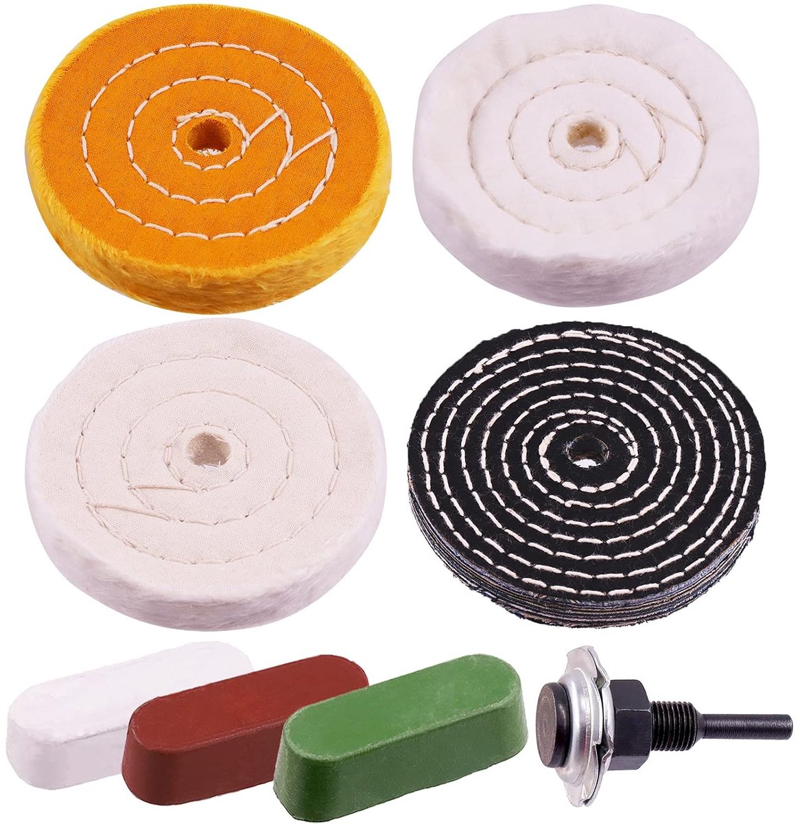 7Stks Buffing Polijsten Wielen Polish Pad Kitply met 3 Polijsten Compounds en 1/4 Boor Shank, Wit Katoen/Geel Katoen/Flanel/Denim Wielen voor Bench