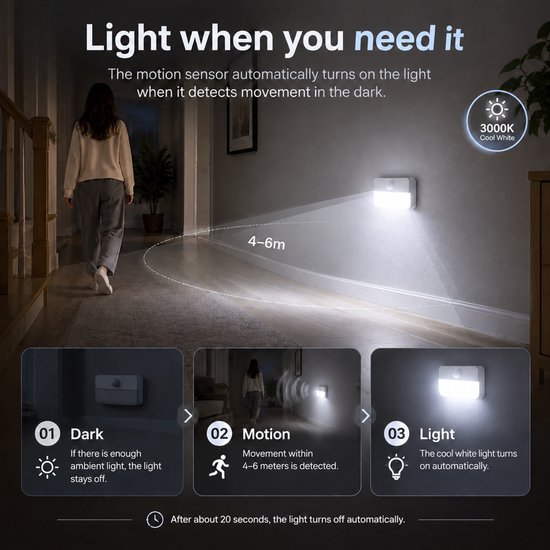 LED Trapverlichting met Bewegingssensor - 6 Stuks Draadloze Nachtlampjes op Batterij - Wit 6500K - Automatische Sensorlamp voor Kast, Gang, Slaapkamer en Badkamer — afbeelding 5