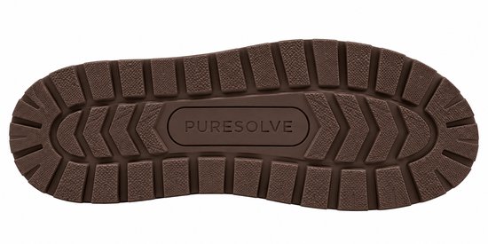Bruine rubberen zool met grof profiel en het Puresolve logo in reliëf.