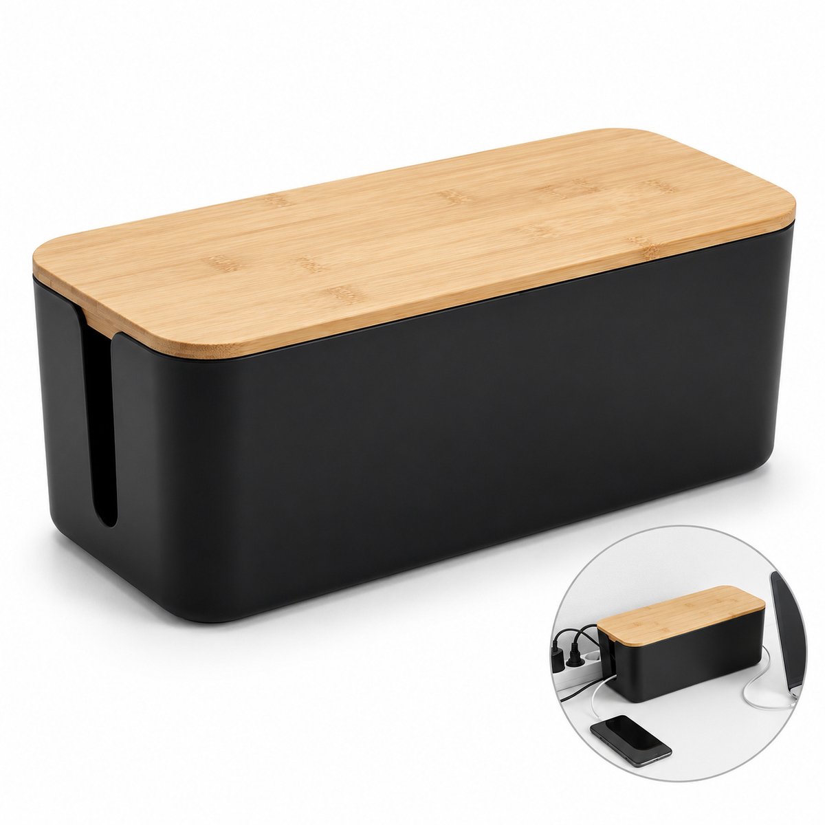 DIVERZA Kabelbox – Kabelmanagement voor Werkplek – Kabels Netjes Weggewerkt – Kabel Organizer – 40 cm Zwart Bamboe