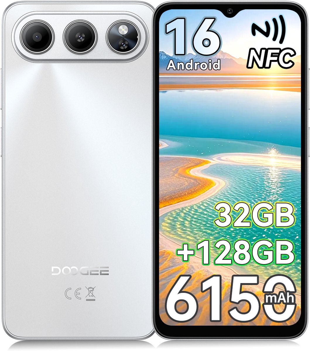 DOOGEE Note 60 Smartphone - 6,56" - Android 16 - 32GB(3+29) RAM - 128GB ROM - 6150 mAh - Lichtgewicht 190 g - 3,5 mm hoofdtelefoonaansluiting - NFC - GPS - Zilver