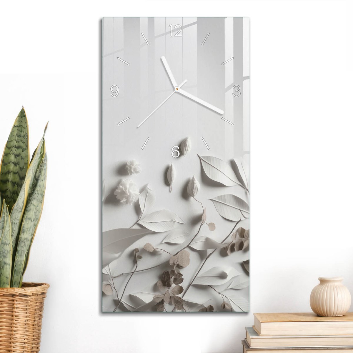 ArtPrintCave Wit Glazen Klok - 30x60 cm - Rechthoekige Wandklok - Tere Bladeren Unieke Klok - Achtergronden En Patronen Stille Wandklok - Witte Klokwijzers
