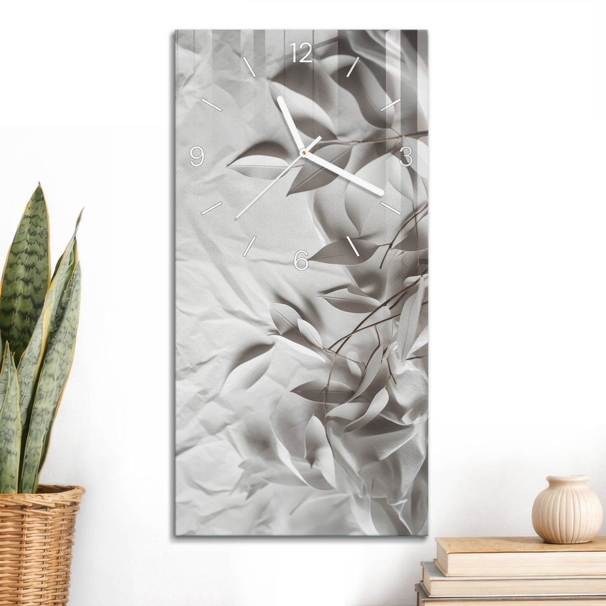 ArtPrintCave Wit Glazen Klok - 30x60 cm - Rechthoekige Wandklok - Bladeren Minimalisme Unieke Klok - Bloemen En Planten Stille Wandklok - Witte Klokwijzers