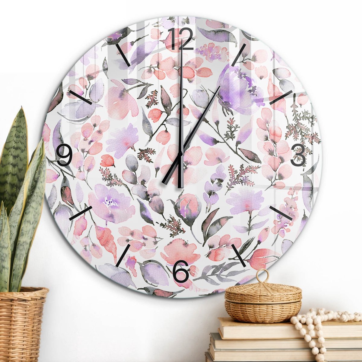 ArtPrintCave Paars Glazen Klok - Wandklok 60 cm - Muurklok Rond - Bloemenpatroon Stille Wandklok - Achtergronden En Patronen Wandklok Keuken - Zwarte Klokwijzers