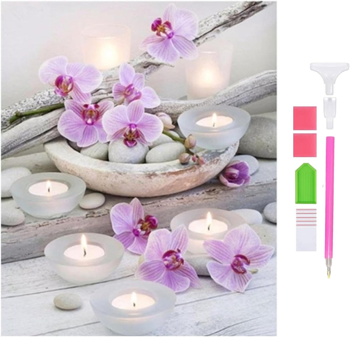 Painting Flowers voor Volwassenen, 5d Compleet Bloemen Diamond Painting Orchideeën en kaarsen Volwassenen DIY Diamantschilderij Afbeeldingen Home Decor (B)