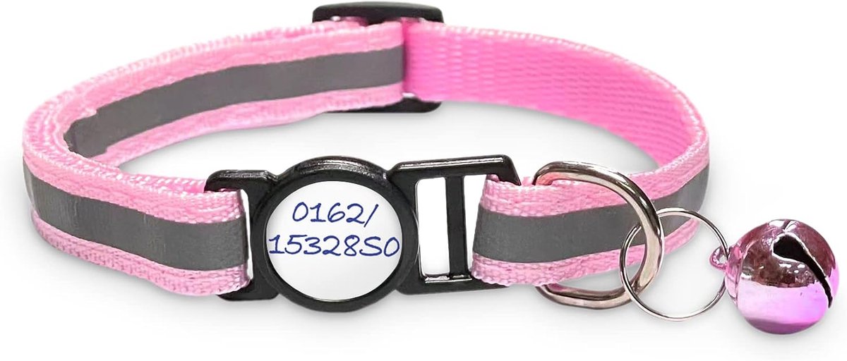 Kattenhalsband met veiligheidssluiting, 5 x stickers voor namen, kattenhalsband met bel, reflecterend, voor Girafus Tracker, veiligheidskraag, katten, roze
