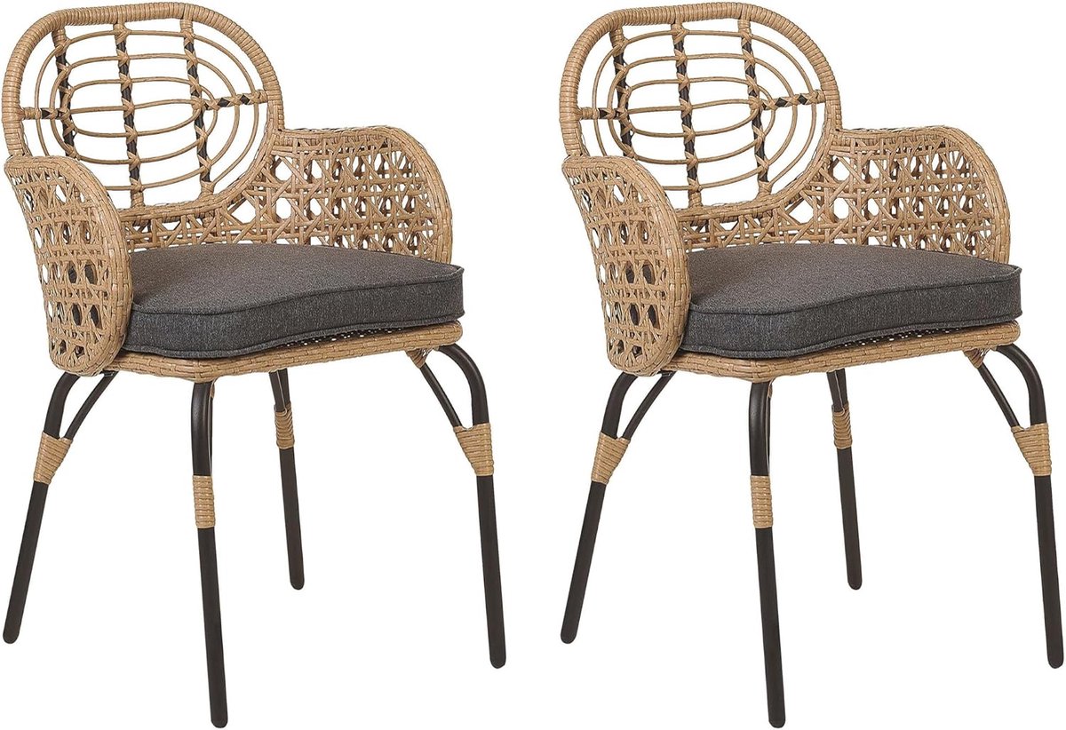 Set van 2 PE rotan gevlochten tuinstoelen natuurlijk grijze kussens Pratello